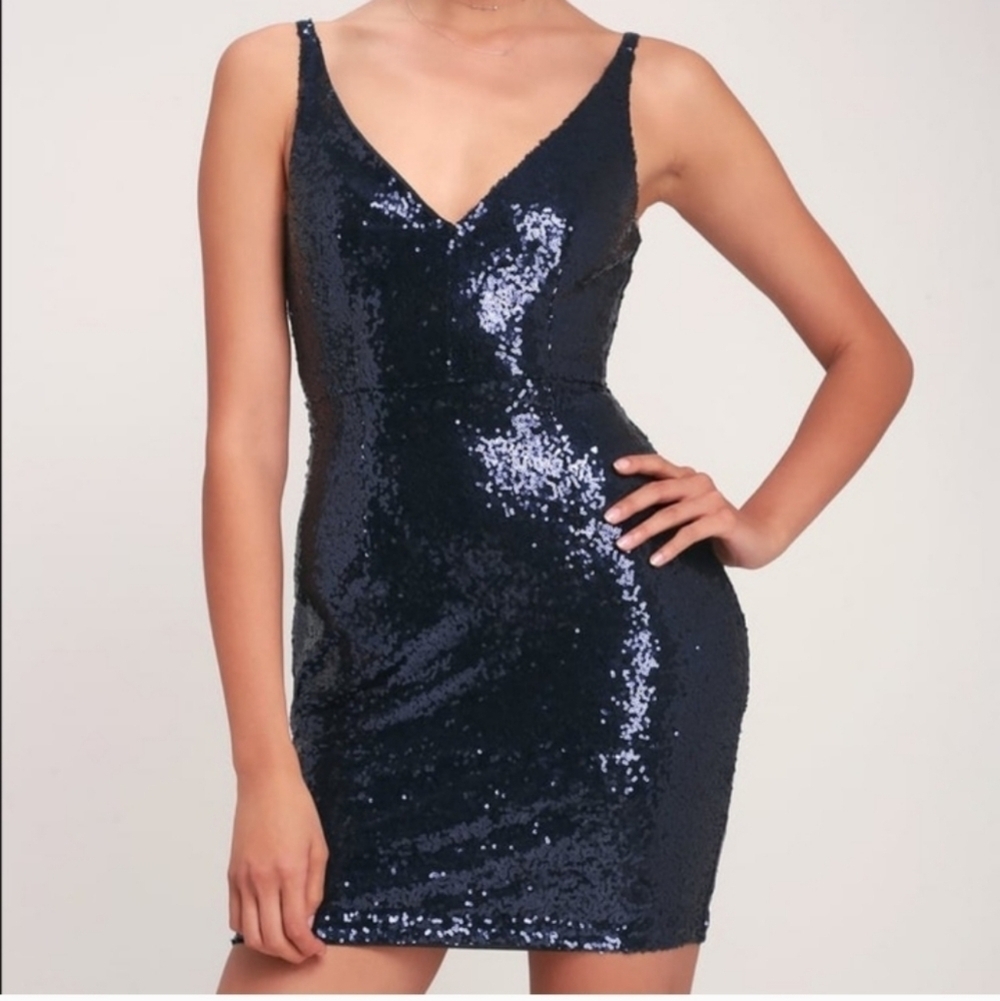 Lulus Sequin Dress Champagne Showers Navy Blue Sequin Bodycon Dress Size XL
